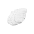 Organic muslin burp cloths in white, three-pack, featuring a soft, absorbent texture and rounded corners.