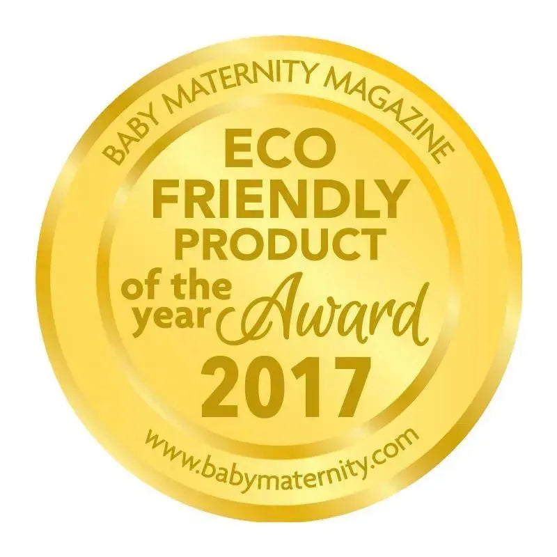 Gold award seal for Eco Friendly Product of the Year 2017 by Baby Maternity Magazine, featuring elegant text and a website link.