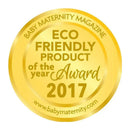 Gold award seal for Eco Friendly Product of the Year 2017 by Baby Maternity Magazine, featuring elegant text and a website link.