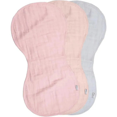 Three organic cotton muslin burp cloths in rose, blush, and gray colors, featuring a soft, absorbent texture.