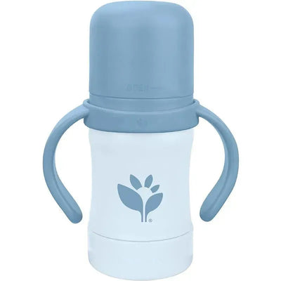 6 oz Blueberry Sprout Ware sip cup with a soft spout and two handles, featuring a floral logo on a white body.