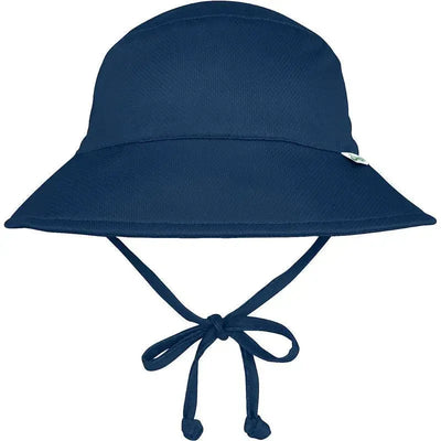 Navy breathable bucket hat for babies, featuring a wide brim and adjustable tie for sun protection.