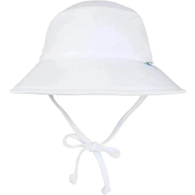 White breathable swim and sun bucket hat for babies, featuring a tied chin strap and a small logo on the side.