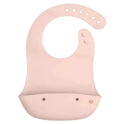 Baby silicone scoop bib in light grapefruit color featuring a pocket and adjustable neck closure.