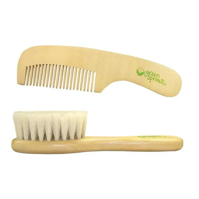 Natural wood brush and comb set from Green Sprouts, featuring a soft-bristled brush and a fine-toothed comb.