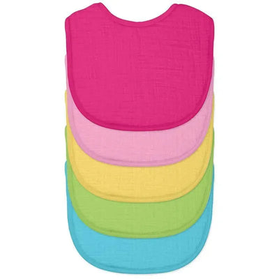 Five colorful organic cotton muslin bibs in pink, light pink, yellow, green, and blue stacked together.