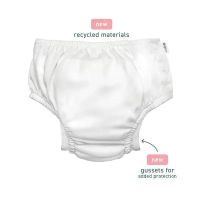 Light pink reusable swim diaper featuring recycled materials, adjustable side snaps, and elasticized leg gussets for added protection.