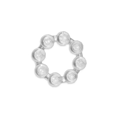 Clear, circular teether with multiple textured knobs designed for soothing infants during teething.