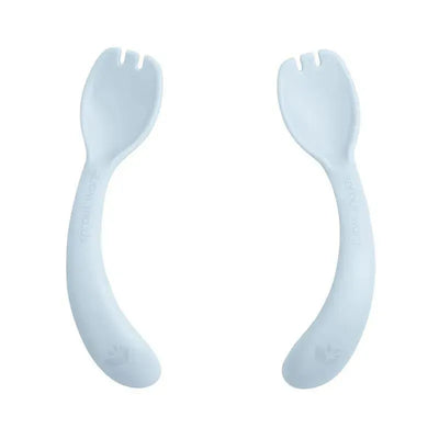 Light blueberry-colored sporks designed for kids, featuring a fork on one end and a spoon on the other.