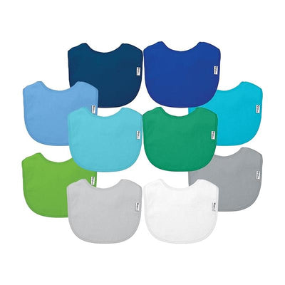 Ten assorted infant bibs in varying shades of blue, green, and gray, designed to keep babies dry during feeding.