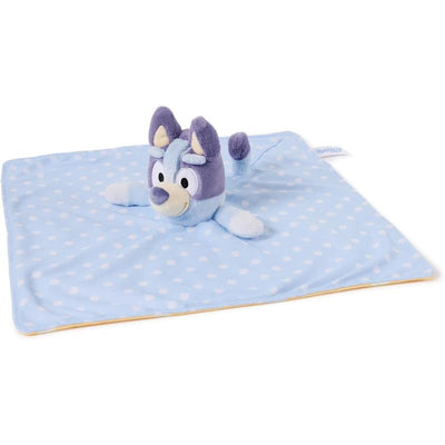 Bluey Lovey Plush featuring a blue polka-dotted blanket with a plush Bluey character head in the center.