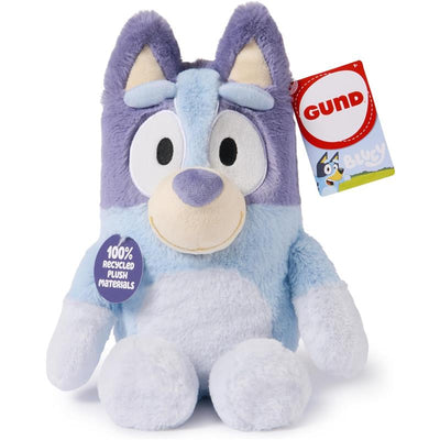 Bluey plush toy from Gund, featuring soft blue fur, a friendly face, and a tag indicating 100% recycled plush materials.