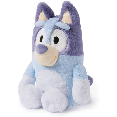 Bluey plush toy in blue and purple colors, featuring large eyes and a smiling expression, designed for children.