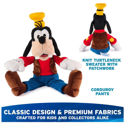 Goofy classic plush toy wearing a knit turtleneck and corduroy pants, featuring a playful expression.