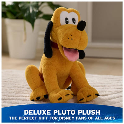 Classic plush toy of Pluto the dog with a happy expression, featuring a red collar and soft yellow fur.