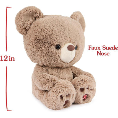 Soft 12-inch beige teddy bear with a faux suede nose, sitting with rounded paws and embroidered details.