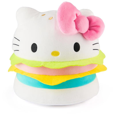 Plush Hello Kitty hamburger toy, featuring a white cat head with a pink bow and colorful layered fillings.
