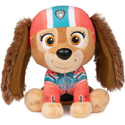 Plush toy of a cartoon dog with brown floppy ears, wearing a colorful outfit and helmet, representing the character Liberty 6.