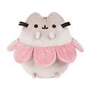 Plush toy resembling Pusheen the cat, featuring a flower petal design in pink and gray colors.
