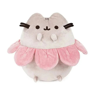 Plush toy resembling Pusheen the cat, featuring a flower petal design in pink and gray colors.