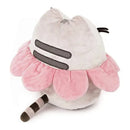 Plush Gund Pusheen toy featuring a gray cat adorned with a pink flower petal collar and a striped tail.