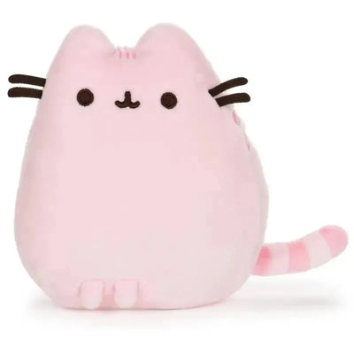 Cute pink Pusheen cat plush toy with a smiling face, short legs, and striped tail, designed for cuddling and play.