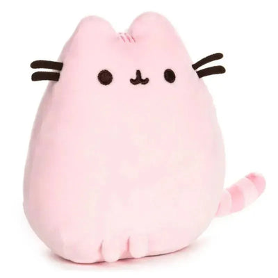 GUND Pusheen Squisheen plush toy in a sitting pose, featuring a pink body, embroidered facial details, and a striped tail.