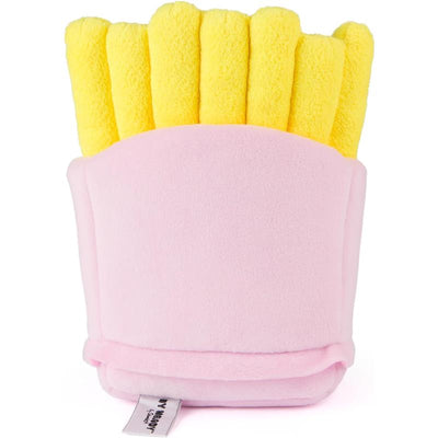 Plush toy resembling a container of French fries with bright yellow fries and a pink base, featuring My Melody branding.