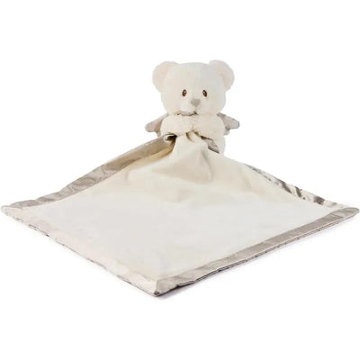 Spiritual Bear Lovey by Gund featuring a soft bear head attached to a blankie with a satin edge.