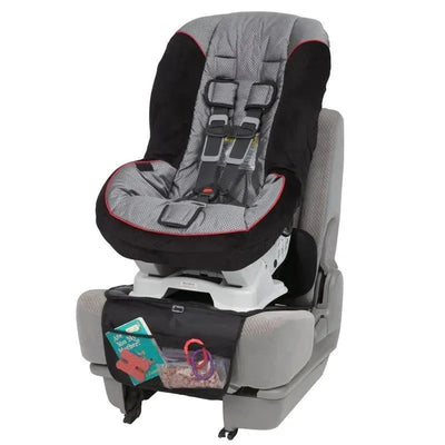 Jeep Deluxe Car Seat Undermat with a child seat featuring a black and gray design and storage pocket with toys.