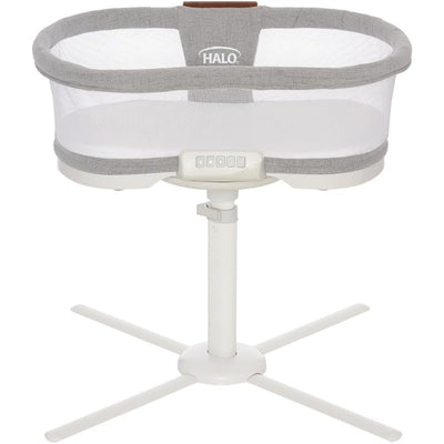 Halo BassiNest Swivel Sleeper Luxe in Dove Gray Tweed, featuring a mesh side design and a white base with control buttons.