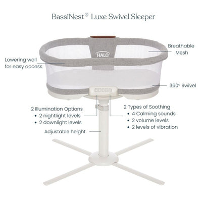 BassiNest Luxe Swivel Sleeper in Dove Gray Tweed with breathable mesh, 360° swivel, and adjustable height features.