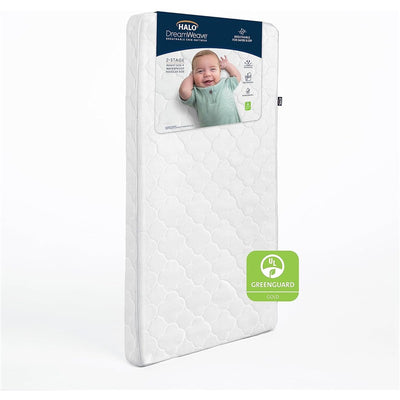 Breathable HALO DreamWeave Crib Mattress in white, featuring baby image, 2-stage design, and GREENGUARD Gold certification.