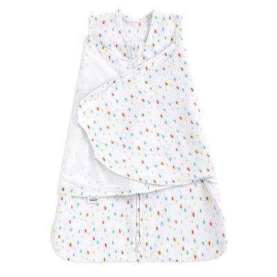 HALO SleepSack Swaddle, Micro-Fleece, 3.0 TOG, confetti design in white with blue, orange, and yellow dots; size small.