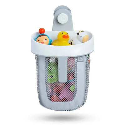 Hanging bath toy storage in grey by Munchkin, featuring mesh design and colorful bath toys inside.