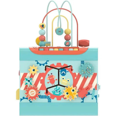 Colorful Hape Montessori Magic Cube with beads, gears, and interactive features for early childhood learning.