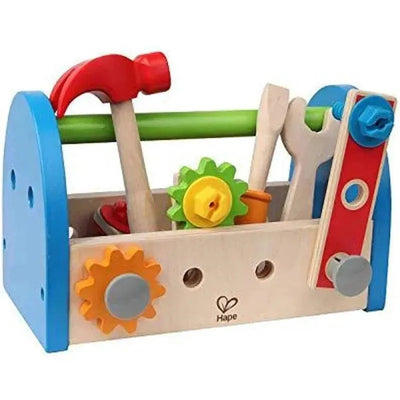 Wooden tool box play set by Hape featuring various tools like a hammer, wrench, and colorful gears.