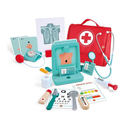 A colorful toy medical set featuring a red carrying bag, stethoscope, syringe, thermometer, and doctor tools designed for imaginative play.