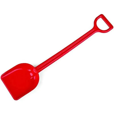 Red plastic shovel with a long handle, designed for beach and garden play activities.