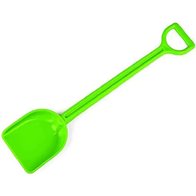 Bright green plastic sand shovel with a wide scoop and long handle, designed for beach play.