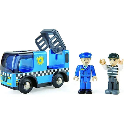 Blue police car toy with a removable cage, featuring a smiling police officer and a prisoner figure.