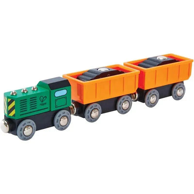 Railway Diesel Freight Train model by Hape, featuring a green engine and two orange cargo cars with black wheels.