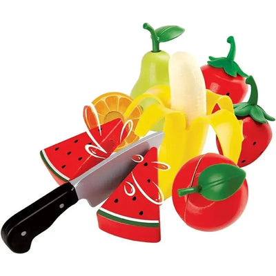 Wooden play fruits including watermelon, banana, pear, orange, and tomatoes with a toy knife for cutting.