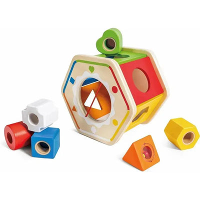 Wooden Wonder Shape Sorter by Hape, featuring a hexagonal sorter with colorful shape cutouts and five wooden shapes.