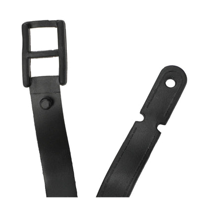 Black luggage tag strap featuring a buckle and hole for attachment, designed for securing tags to luggage.