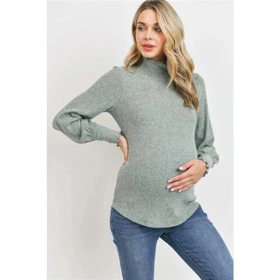 Hello Miz - Brushed Ribbed Hacci Maternity Mock Neck Top, Mint Image 1