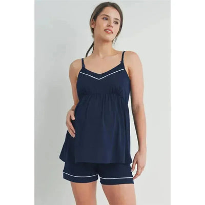 Hello Miz - Cami Tank Top & Shorts Maternity Loungewear Set, Navy Image 1