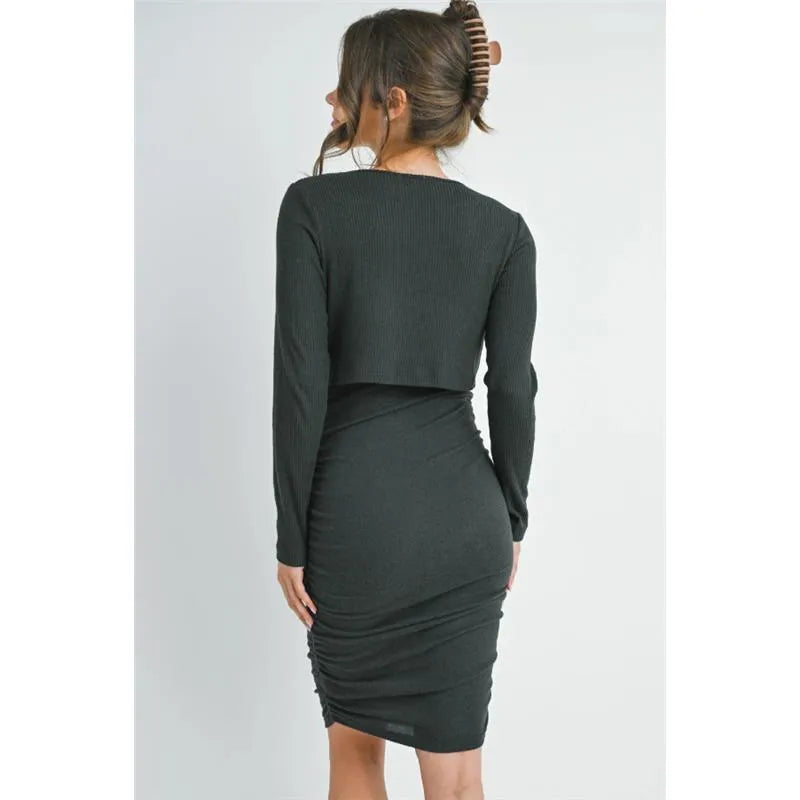 Ribbed Double Layer Long Sleeve Side Ruched Maternity Nursing Friendly Dress Dark Green / X-Large Ribbed Double Layer Long Sleeve Side Ruched Maternity Nursing Friendly Dress Dark Green / X-Large