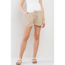 Hello Miz Linen Blend Maternity Shorts with Elastic Band Khaki Image 1