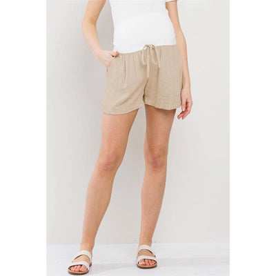 Hello Miz Linen Blend Maternity Shorts with Elastic Band Khaki Image 1